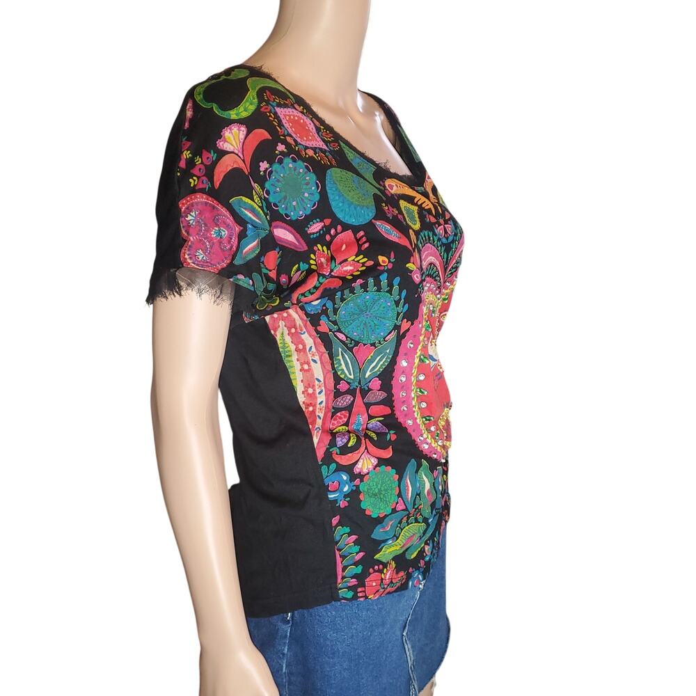 Desigual Embellished Heart Graphic Tee Black Boho Festival Top M - Picture 5 of 8
